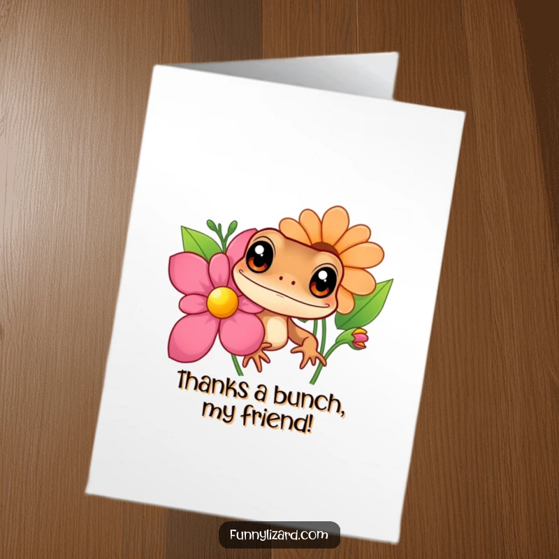 Funny Free Printable Thank You Card: Curious brown lizard with big eyes peeking, holding a tiny flower to say thank you.
