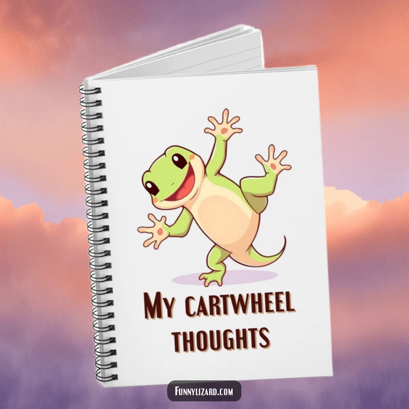 Funny notebook with a playful lizard doing a cartwheel with a happy grin, perfect for jotting down fun ideas.
