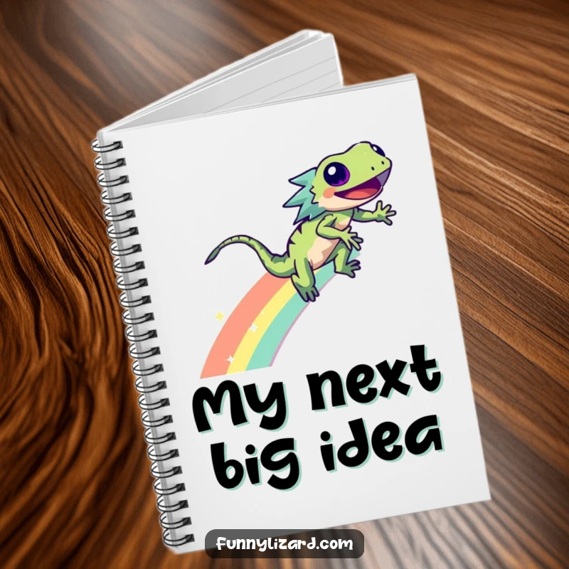 Funny lizard zooming down a sparkling rainbow, depicted on the cover of a lined notebook for jotting ideas.