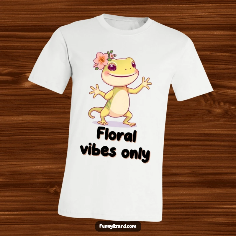 Funny happy lizard with a small flower crown on its head, dancing joyfully on a t-shirt.