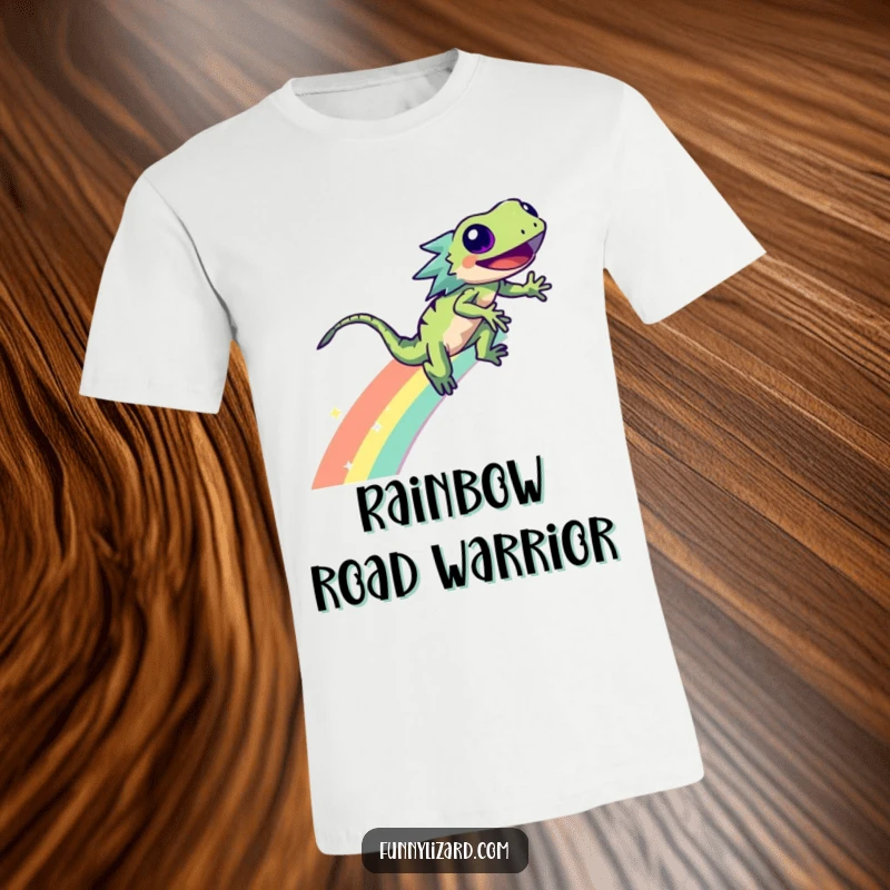 Funny energetic lizard joyfully zooming down a rainbow, leaving a trail of cartoon sparkles on a t-shirt.