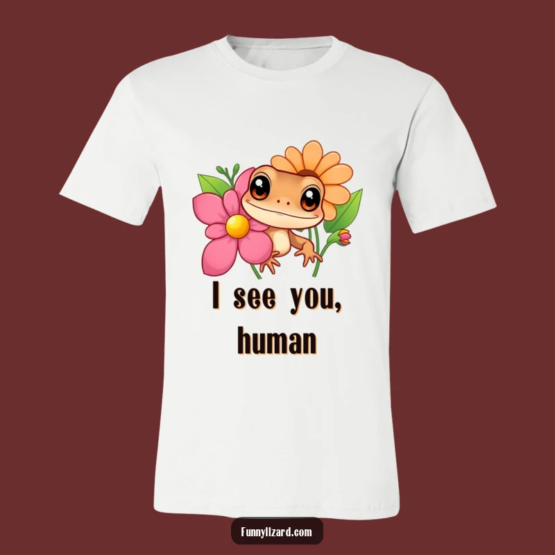 Funny Curious Lizard T-Shirt - Big Eyes Peeking Behind Flower, Comfy Graphic Tee