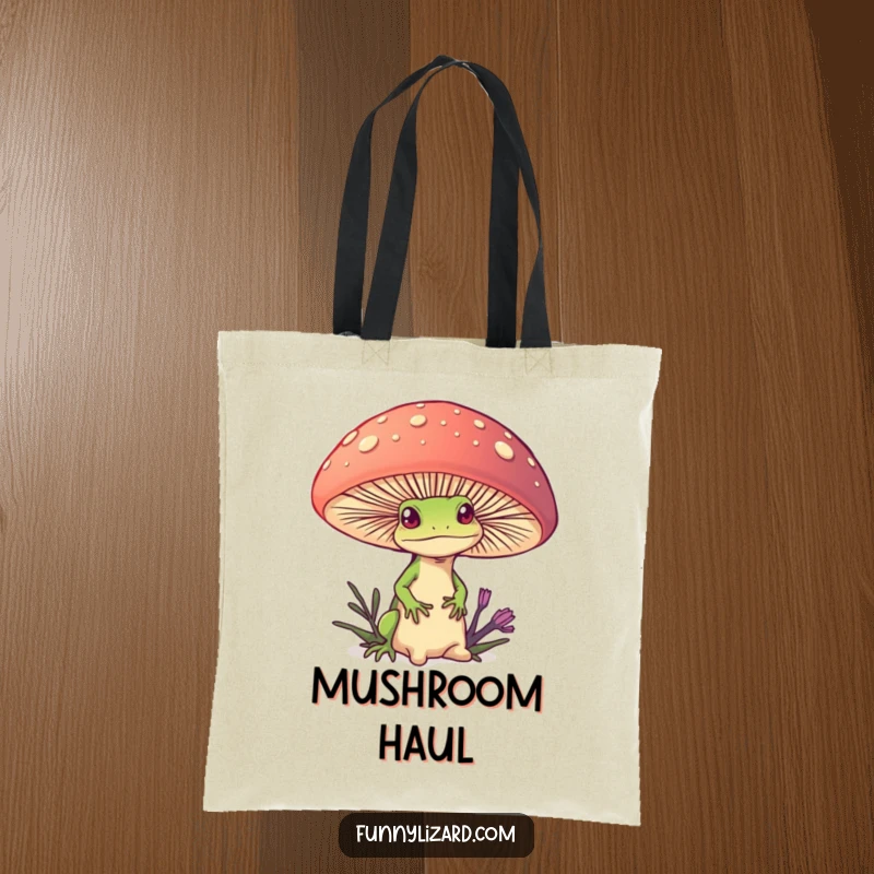 Funny tote bag with a curious lizard peeking from behind a giant, colorful mushroom, perfect for carrying essentials with magic.